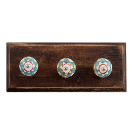 Turquoise and Yellow Ceramic Wooden Hooks